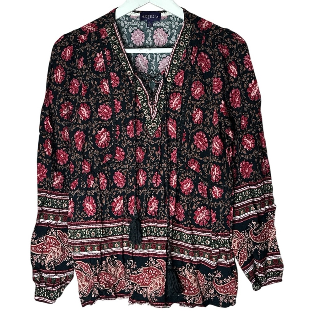 Artesia Boho Chic Floral Print Blouse With Tassels Small